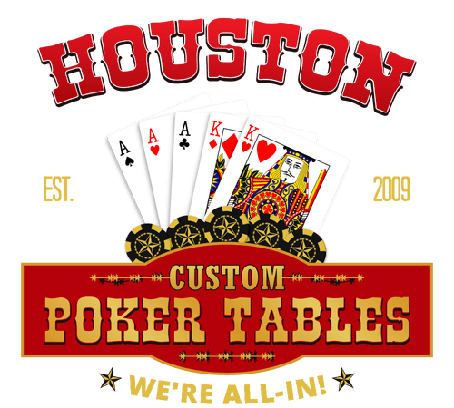Houston Custom Poker Tables Logo. Houston above an aces over kings full house. Next are the works Custom Poker Tables. The bottom of the logo contains the works, We're All In.