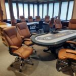 Poker tables for a tournament.