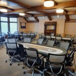 Poker tables in game room ready for play.